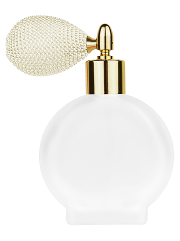Circle design 50 ml, 1.7oz  frosted glass bottle with  ivory vintage style bulb sprayer with shiny gold collar cap.