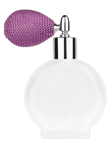 Circle design 50 ml, 1.7oz  frosted glass bottle with  lavender vintage style bulb sprayer with shiny silver collar cap.