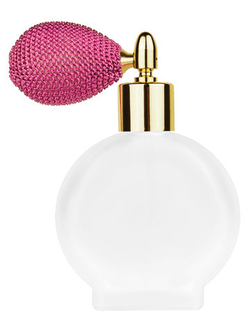 ***OUT OF STOCK***Circle design 50 ml, 1.7oz  frosted glass bottle with  pink vintage style bulb sprayer with shiny gold collar cap.