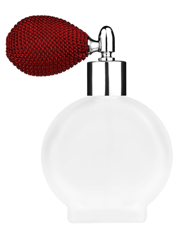 Circle design 50 ml, 1.7oz  frosted glass bottle with  red vintage style bulb sprayer with shiny silver collar cap.