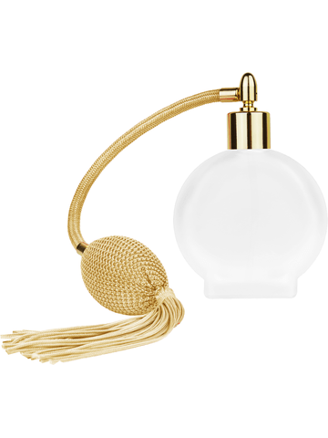 Circle design 50 ml, 1.7oz  frosted glass bottle with  Gold vintage style bulb sprayer with tasseland shiny gold collar cap.
