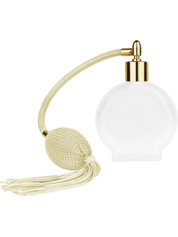 Circle design 50 ml, 1.7oz  frosted glass bottle with  Ivory vintage style bulb sprayer with tassel and shiny gold collar cap.