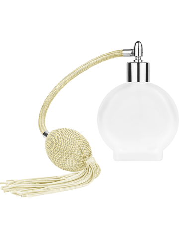 Circle design 50 ml, 1.7oz  frosted glass bottle with  Ivory vintage style bulb sprayer with tassel and shiny silver collar cap.