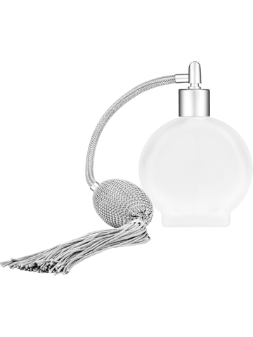 Circle design 50 ml, 1.7oz  frosted glass bottle with  Silver vintage style bulb sprayer with tasseland matte silver collar cap.