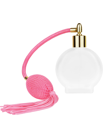 Circle design 50 ml, 1.7oz  frosted glass bottle with  Pink vintage style bulb sprayer with tassel and shiny gold collar cap.