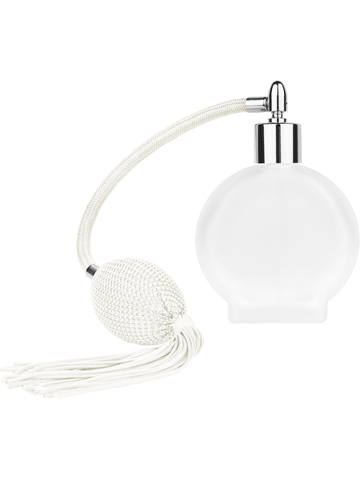 Circle design 50 ml, 1.7oz  frosted glass bottle with  White vintage style bulb sprayer with tasseland shiny silver collar cap.