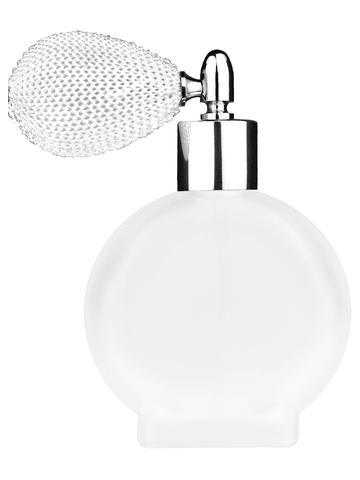 Circle design 50 ml, 1.7oz  frosted glass bottle with  white vintage style bulb sprayer with shiny silver collar cap.