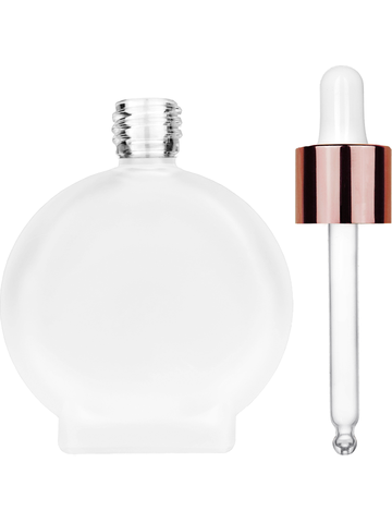 Circle design 50 ml, 1.7oz  frosted glass bottle with  white dropper with shiny copper collar cap.