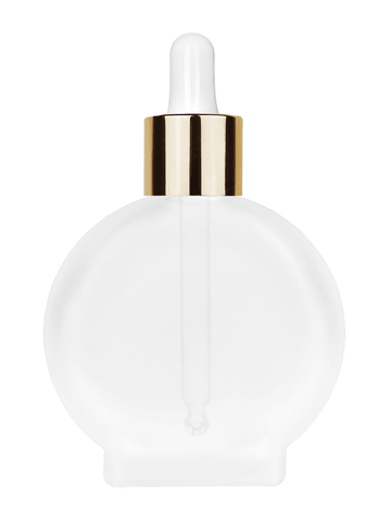 Circle design 50 ml, 1.7oz  frosted glass bottle with  white dropper with shiny gold collar cap.