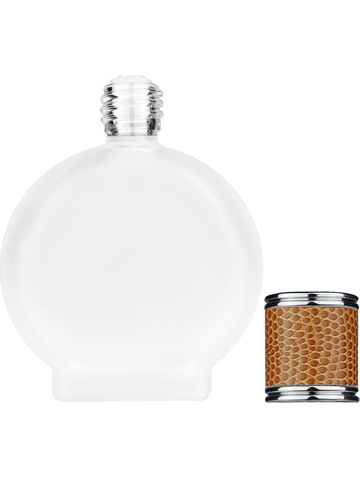 Circle design 50 ml, 1.7oz  frosted glass bottle with  reducer and brown faux leather cap.