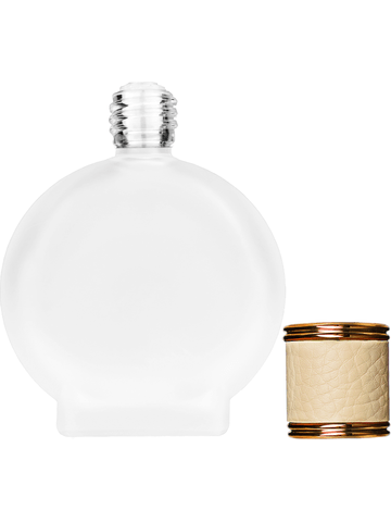 Circle design 50 ml, 1.7oz  frosted glass bottle with  reducer and ivory faux leather cap.