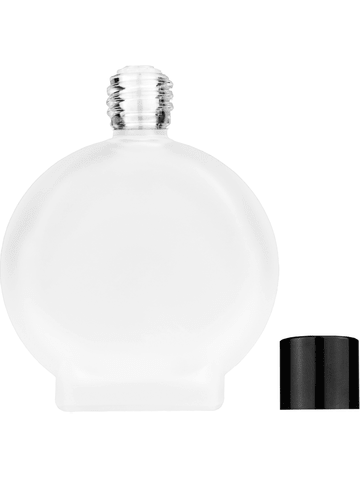 Circle design 50 ml, 1.7oz  frosted glass bottle with  reducer and black shiny cap.