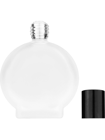 Circle design 50 ml, 1.7oz  frosted glass bottle with  reducer and tall black shiny cap.