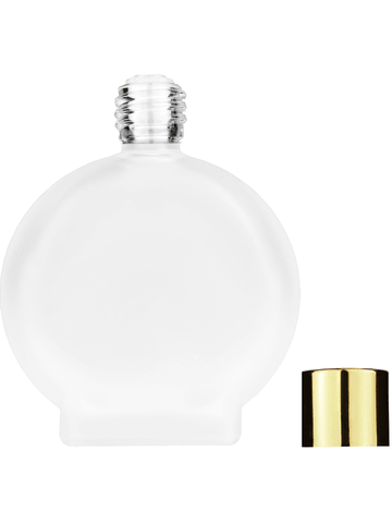 Circle design 50 ml, 1.7oz  frosted glass bottle with  reducer and shiny gold cap.