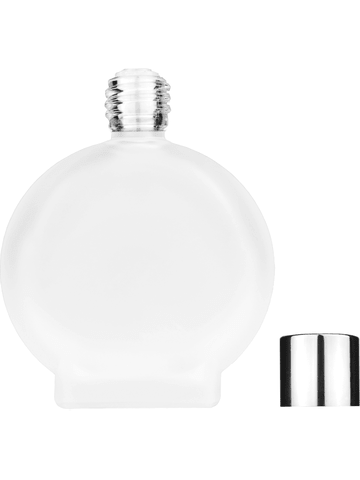 Circle design 50 ml, 1.7oz  frosted glass bottle with  reducer and shiny silver cap.