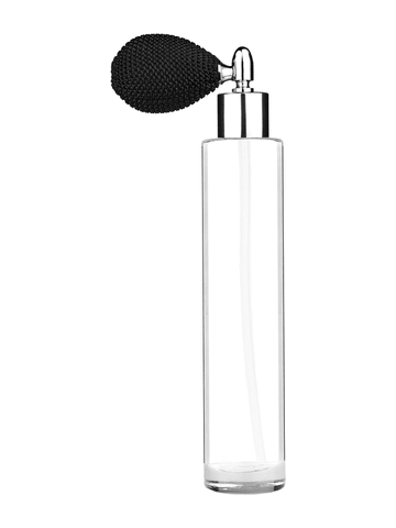 Cylinder design 100 ml, 3 1/2oz  clear glass bottle  with black vintage style bulb sprayer with shiny silver collar cap.