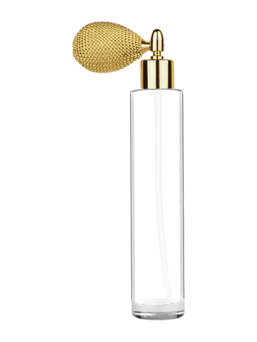 Cylinder design 100 ml, 3 1/2oz  clear glass bottle  with gold vintage style sprayer with shiny gold collar cap.
