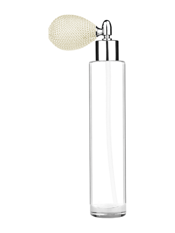 Cylinder design 100 ml, 3 1/2oz  clear glass bottle  with ivory vintage style bulb sprayer with shiny silver collar cap.