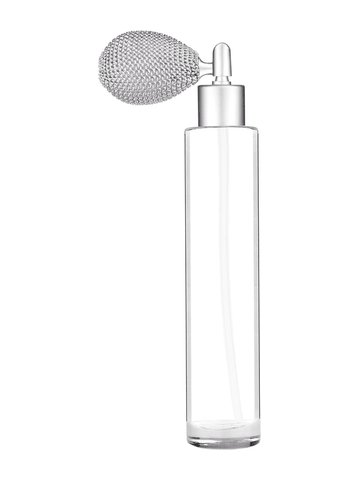 Cylinder design 100 ml, 3 1/2oz  clear glass bottle  with matte silver vintage style sprayer with matte silver collar cap.