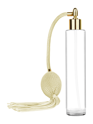 Cylinder design 100 ml, 3 1/2oz  clear glass bottle  with Ivory vintage style bulb sprayer with tassel and shiny gold collar cap.