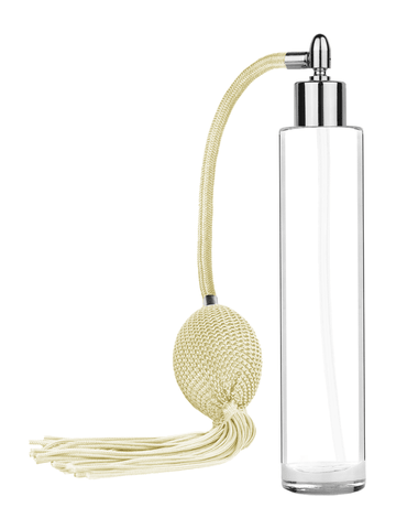 Cylinder design 100 ml, 3 1/2oz  clear glass bottle  with Ivory vintage style bulb sprayer with tassel and shiny silver collar cap.