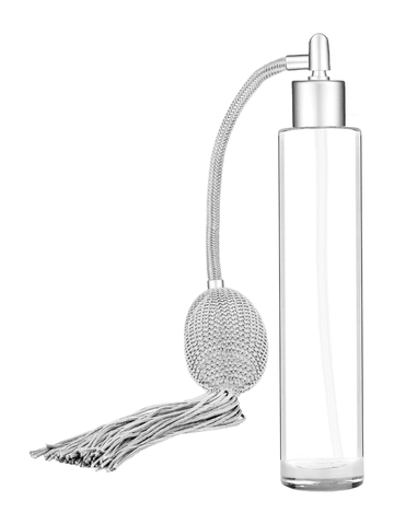 Cylinder design 100 ml, 3 1/2oz  clear glass bottle  with Silver vintage style bulb sprayer with tasseland matte silver collar cap.