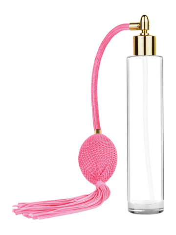 Cylinder design 100 ml, 3 1/2oz  clear glass bottle  with Pink vintage style bulb sprayer with tassel and shiny gold collar cap.
