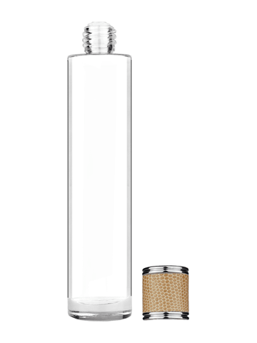 Cylinder design 100 ml, 3 1/2oz  clear glass bottle  with reducer and light brown faux leather cap.