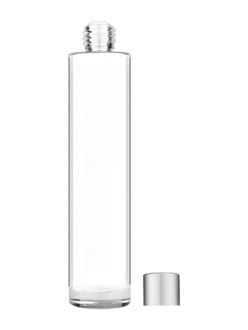 Cylinder design 100 ml, 3 1/2oz  clear glass bottle  with reducer and silver matte cap.