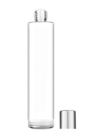 Cylinder design 100 ml, 3 1/2oz  clear glass bottle  with reducer and tall silver matte cap.