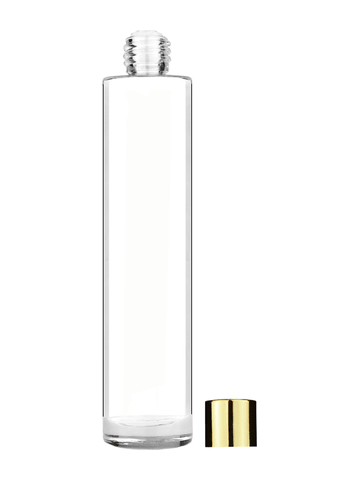 Cylinder design 100 ml, 3 1/2oz  clear glass bottle  with reducer and shiny gold cap.