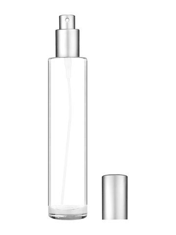 Cylinder design 100 ml, 3 1/2oz  clear glass bottle  with matte silver spray pump.