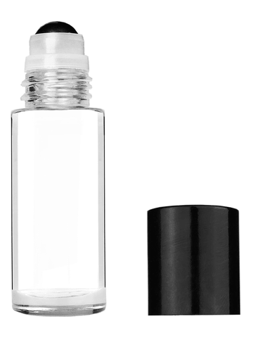 Cylinder style 28 ml bottle with metal roller ball plug and black cap.