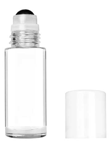 Cylinder style 28 ml bottle with metal roller ball plug and white cap.