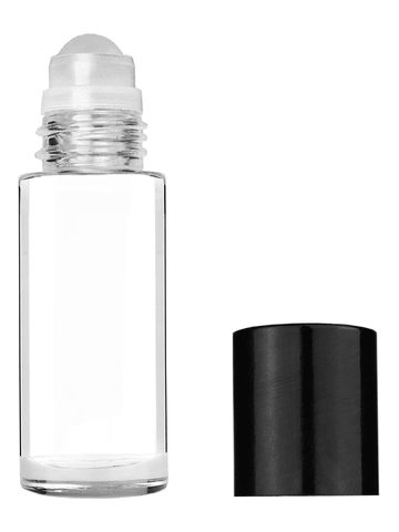 Cylinder style 28 ml bottle with plastic roller ball plug and black cap.