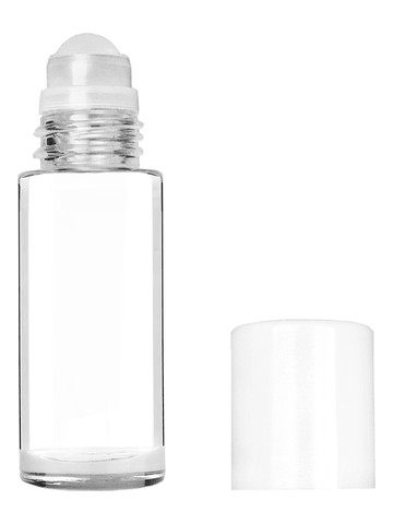 Cylinder style 28 ml bottle with plastic roller ball plug and white cap.
