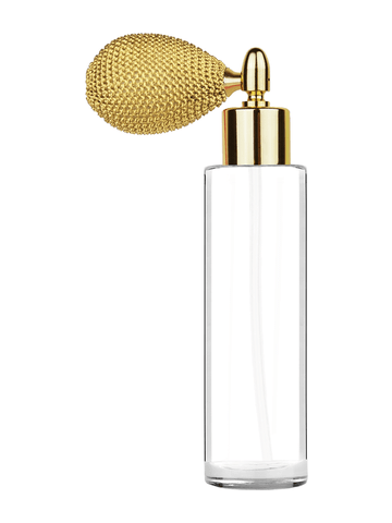 Cylinder design 50 ml, 1.7oz  clear glass bottle  with gold vintage style sprayer with shiny gold collar cap.