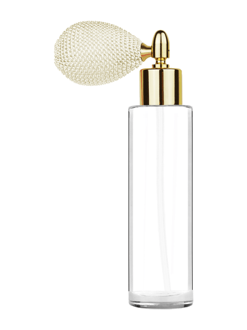 Cylinder design 50 ml, 1.7oz  clear glass bottle  with ivory vintage style bulb sprayer with shiny gold collar cap.