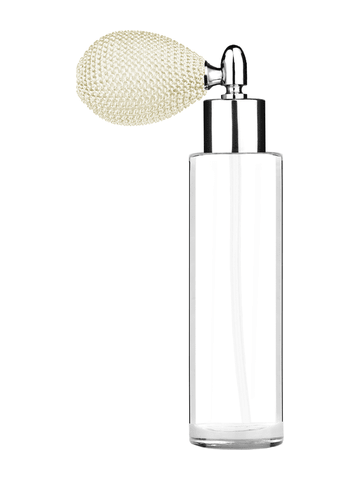 Cylinder design 50 ml, 1.7oz  clear glass bottle  with ivory vintage style bulb sprayer with shiny silver collar cap.