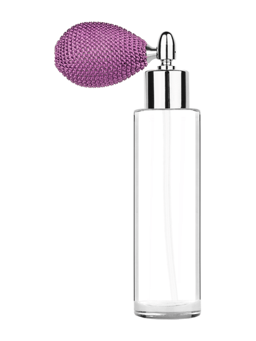 Cylinder design 50 ml, 1.7oz  clear glass bottle  with lavender vintage style bulb sprayer with shiny silver collar cap.