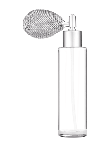 Cylinder design 50 ml, 1.7oz  clear glass bottle  with matte silver style bulb sprayer with matte silver collar cap.