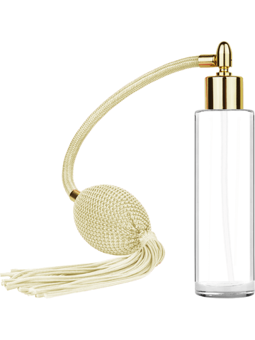 Cylinder design 50 ml, 1.7oz  clear glass bottle  with Ivory vintage style bulb sprayer with tassel and shiny gold collar cap.