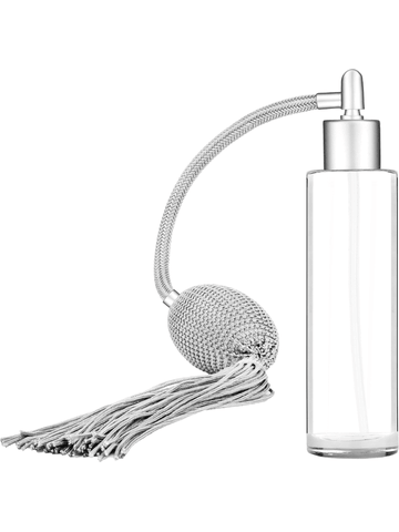 Cylinder design 50 ml, 1.7oz  clear glass bottle  with Silver vintage style bulb sprayer with tasseland matte silver collar cap.
