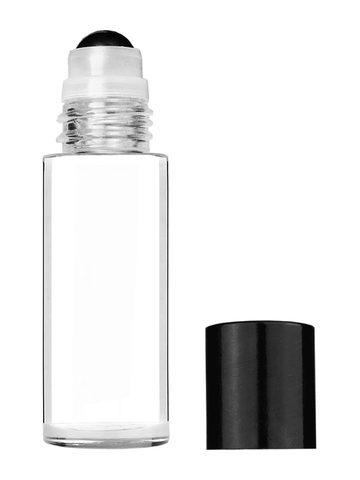 Cylinder style 50 ml bottle with metal roller ball plug and black cap.