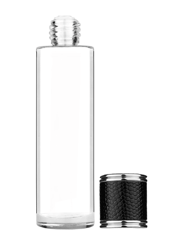 Cylinder design 50 ml, 1.7oz  clear glass bottle  with reducer and black faux leather cap.