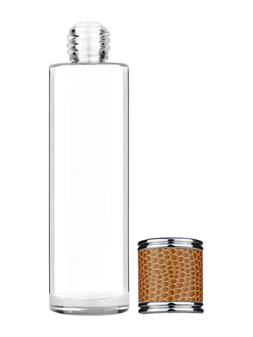 Cylinder design 50 ml, 1.7oz  clear glass bottle  with reducer and brown faux leather cap.