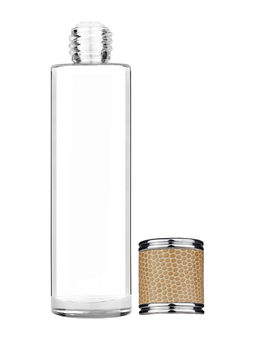 Cylinder design 50 ml, 1.7oz  clear glass bottle  with reducer and light brown faux leather cap.
