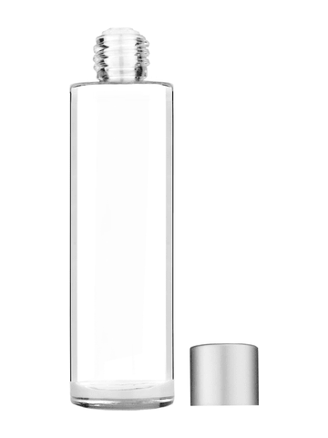 Cylinder design 50 ml, 1.7oz  clear glass bottle  with reducer and silver matte cap.