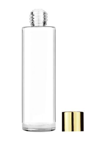 Cylinder design 50 ml, 1.7oz  clear glass bottle  with reducer and shiny gold cap.