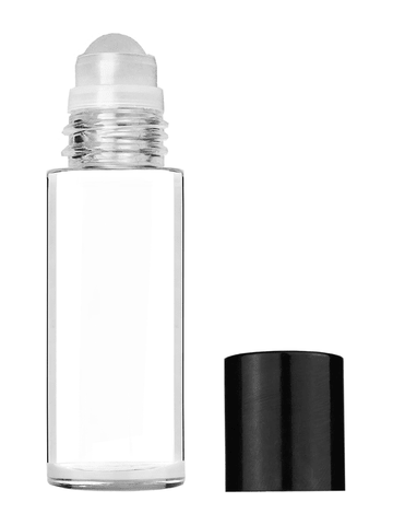 Cylinder style 50 ml bottle with plastic roller ball plug and black cap.